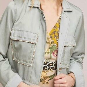 Anthropologie Women's Green Button Down Shirt Jacket Size XL Utility Linen